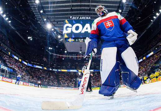 goaltender Samuel Hlavaj of Slovakia looks dejected