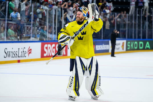 goaltender Magnus Hellberg of Sweden celebrates