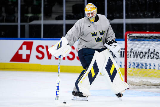 goaltender Arvid Söderblom of Sweden at a practice session