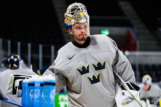 goaltender Arvid Söderblom of Sweden at a practice session