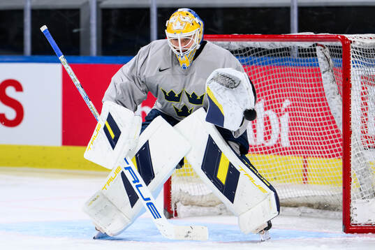goaltender Arvid Söderblom of Sweden at a practice session