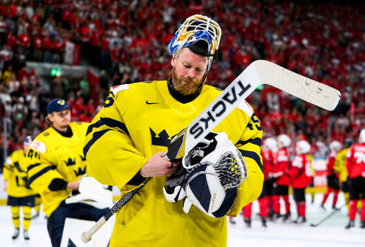Goaltender Magnus Hellberg of Sweden looks dejected