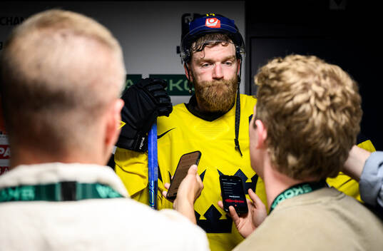 Mattias Ekholm of Sweden is interviewed