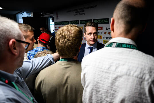 Head coach Sam Hallam of Sweden is interviewed