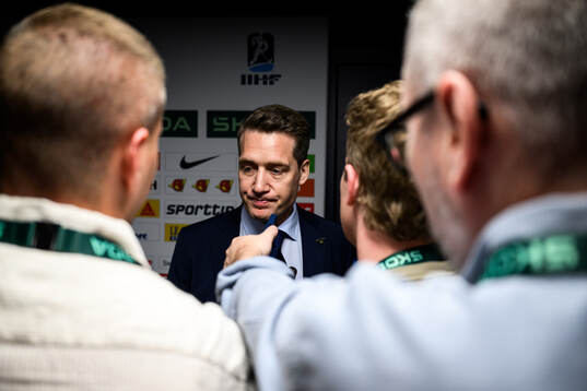 Head coach Sam Hallam of Sweden is interviewed
