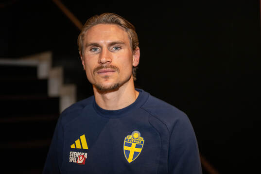 Carl Starfelt of the Swedish national football team poses