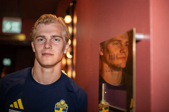 Lucas Bergvall of the Swedish national football team poses