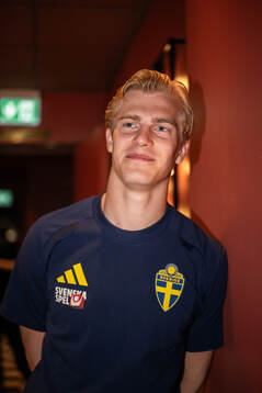 Lucas Bergvall of the Swedish national football team poses