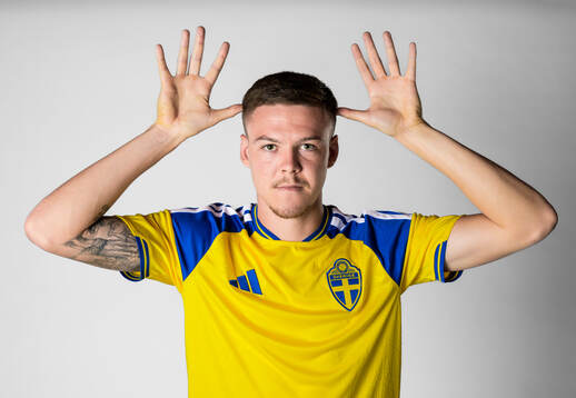 Emil Holm of the Swedish national football team poses for a