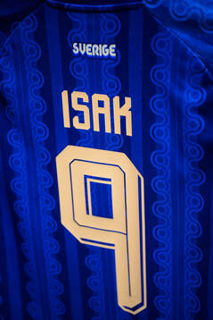 Detail of a football jersey for Alexander Isak of Sweden