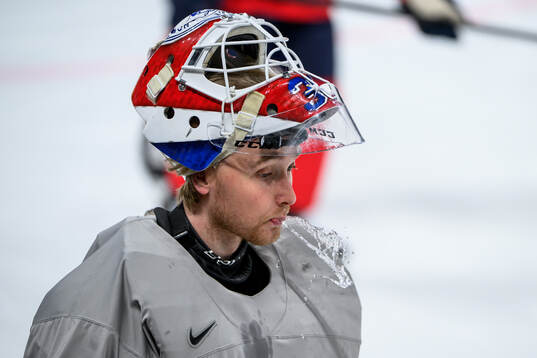 goaltender Tobias Normann of Norway at a practice session