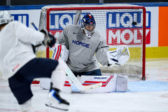 goaltender Henrik Haukeland of Norway at a practice session