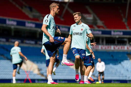 Kristoffer Ajer and Alexander Sørloth of the Norwegian