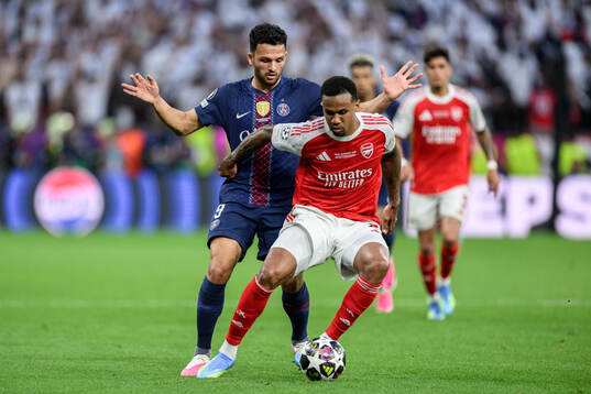 Goncalo Ramos of Paris Saint-Germain and Gabriel of Arsenal