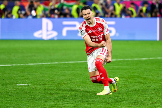 Gabriel Martinelli of Arsenal celebrates in a penalty