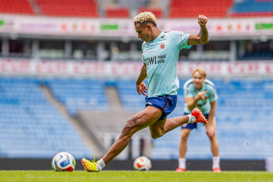 Antonio Nusa and Andreas Schjelderup of the Norwegian