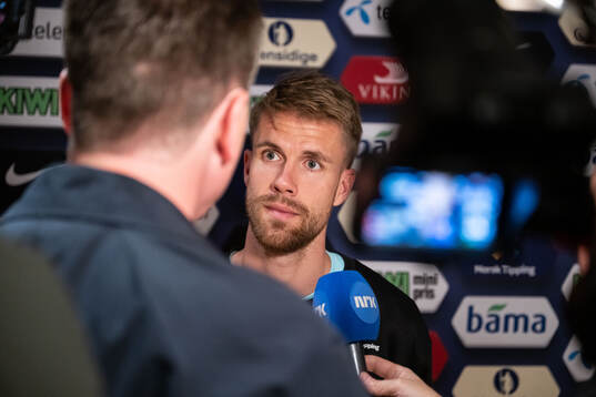 Kristoffer Ajer of Norway in mixed zone