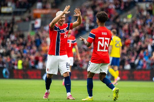 Julian Ryerson of Norway celebrates with Oscar Bobb