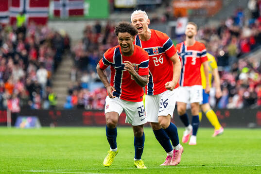 Julian Ryerson of Norway celebrates with Oscar Bobb