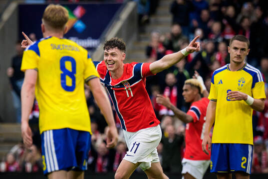 Jørgen Strand Larsen of Norway celebrates his 3-0 goal as