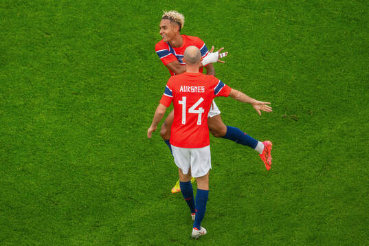 Antonio Nusa of Norway celebrates with teammate Fredrik