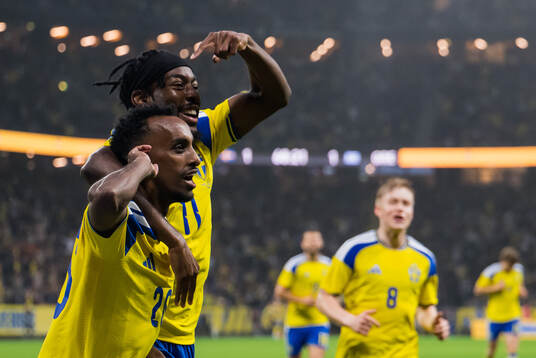 Taha Ali and Anthony Elanga of Sweden celebrates