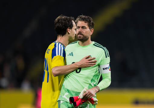 Hjalmar Ekdal and goalkeeper Kristoffer Nordfeldt of Sweden