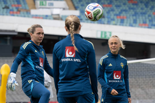 Goalkeeper Jennifer Falk and Hanna Bennison of the Swedish