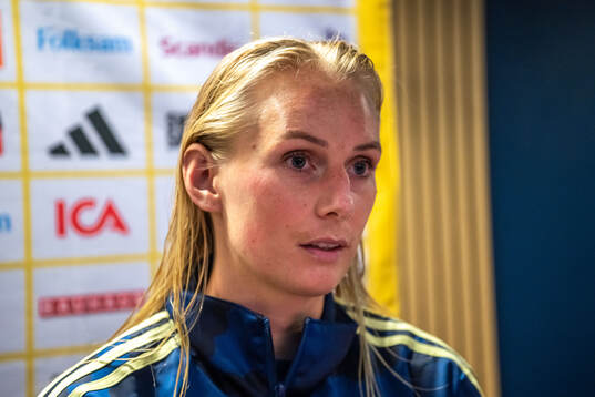 Stina Blackstenius of Sweden in mixed zone