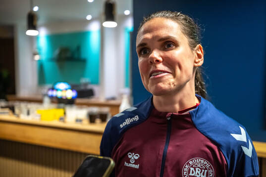 Simone Boye of Denmark in mixed zone