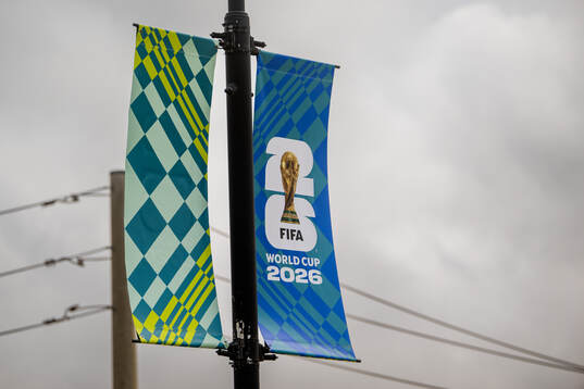 General view of FIFA World Cup 2026 flags outside AT&T