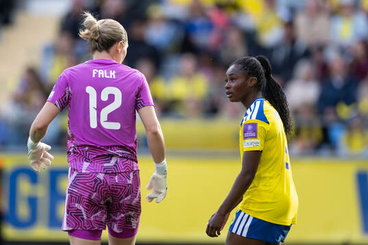 Goalkeeper Jennifer Falk and Monica Jusu Bah of Sweden