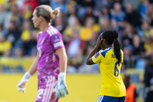 Goalkeeper Jennifer Falk and Monica Jusu Bah of Sweden look