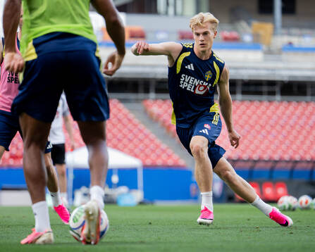 Lucas Bergvall of the Swedish national football team at a