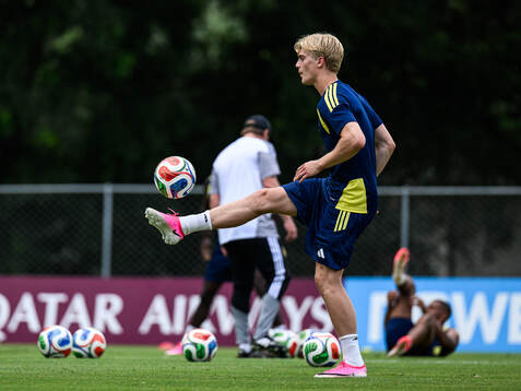 Lucas Bergvall of the Swedish national football team at a