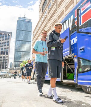 Kristoffer Ajer and Antonio Nusa of the Norwegian national