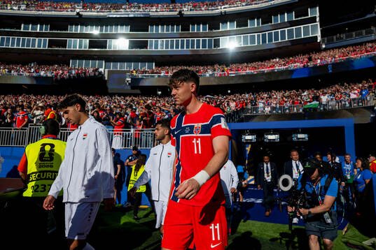 Jørgen Strand Larsen of Norway enters the pitch