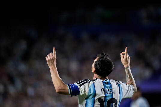 Lionel Messi of Argentina celebrates his 3-0 goal