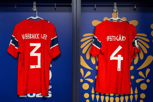 The kits of Kristoffer Ajer and Leo Østigård of Norway in