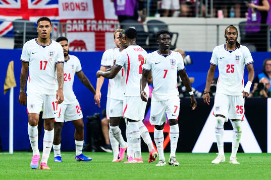 Morgan Rogers, Bukayo Saka and Djed Spence of England