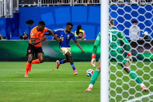 Denzel Dumfries of Netherlands and Taha Ali of Sweden