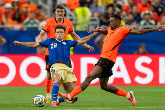 Besfort Zeneli of Sweden and Ryan Gravenberch of Netherlands