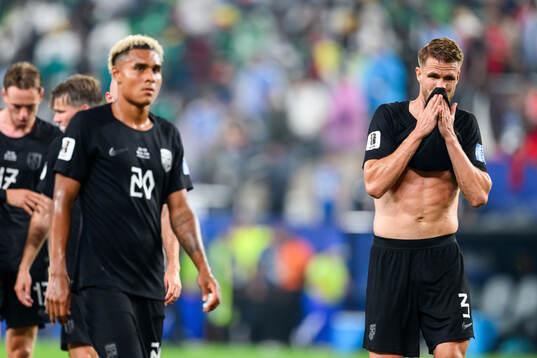 Antonio Nusa and Kristoffer Ajer of Norway at half time