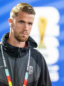 Kristoffer Ajer of Norway arrives