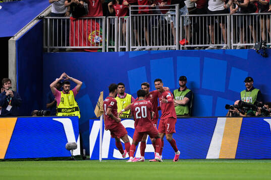 Cristiano Ronaldo of Portugal celebrates with team mates