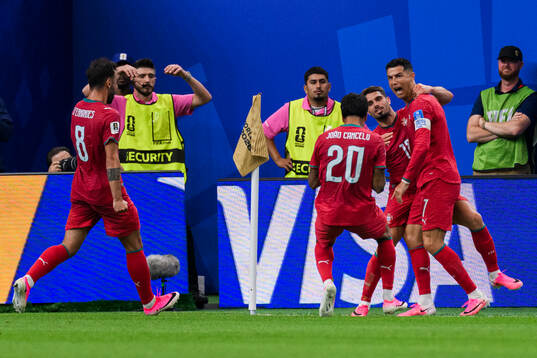 Cristiano Ronaldo of Portugal celebrates with team mates