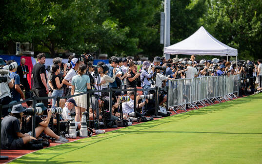 General view of media at a training session with the