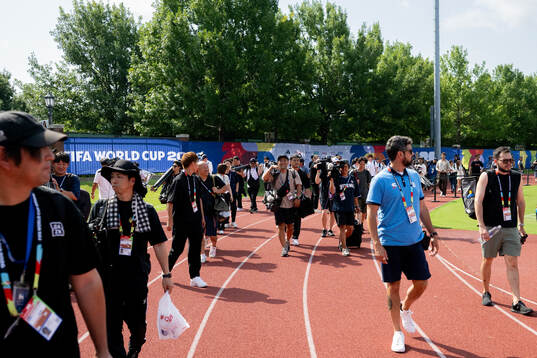 General view of media at a training session with the