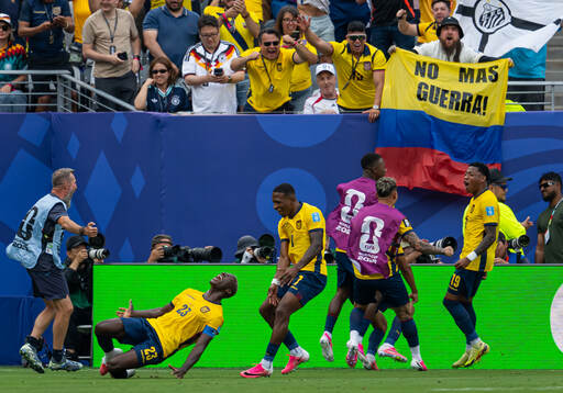 Moises Caicedo and Gonzalo Plata of Ecuador celebrate the