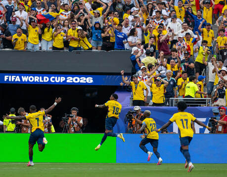 Moises Caicedo and Gonzalo Plata of Ecuador celebrate the